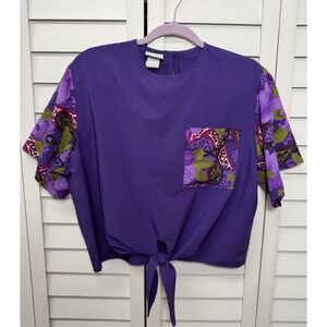 Koret Vintage Floral Boho Short Sleeve Tie Front Top Women's Size Medium Purple
